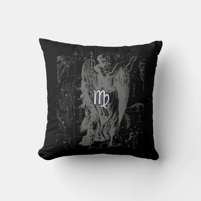 Chrome like Virgo Zodiac Sign on Black Hevelius Cushion (Front)
