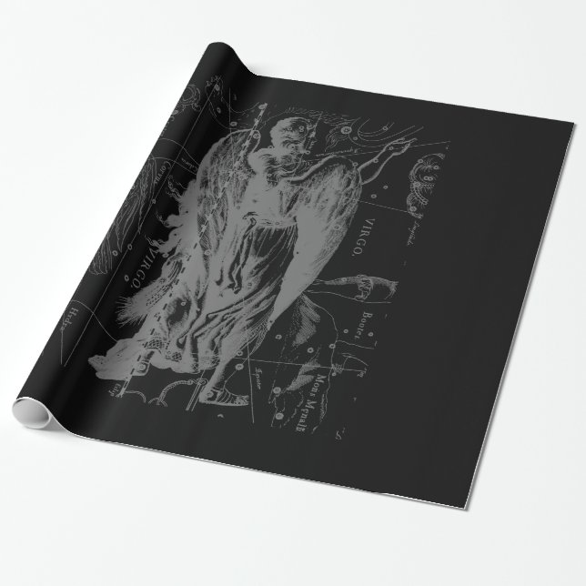 Chrome like Virgo Zodiac Sign on Black Hevelius Wrapping Paper (Unrolled)