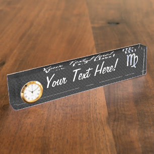 Chrome Like Virgo Zodiac Sign on Black snake skin Nameplate