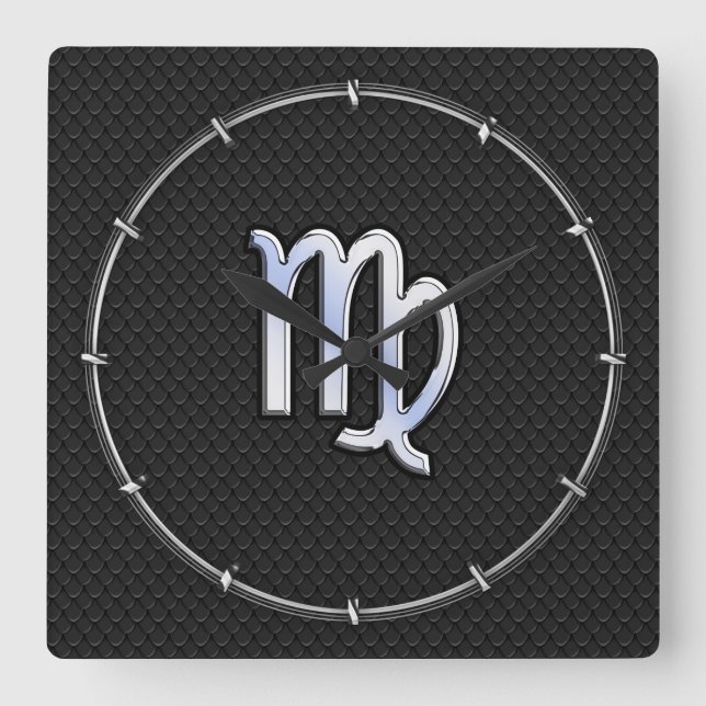 Chrome Like Virgo Zodiac Sign on Black snake skin Square Wall Clock (Front)