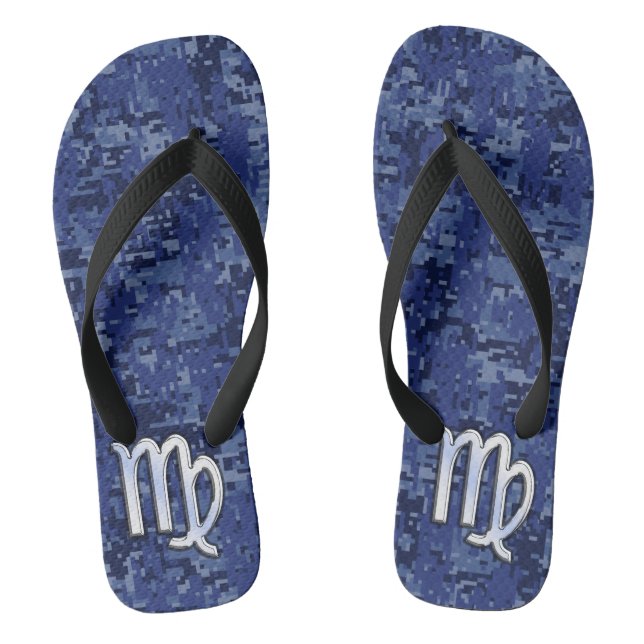 Chrome Like Virgo Zodiac Sign on Blue Digital Camo Thongs (Footbed)