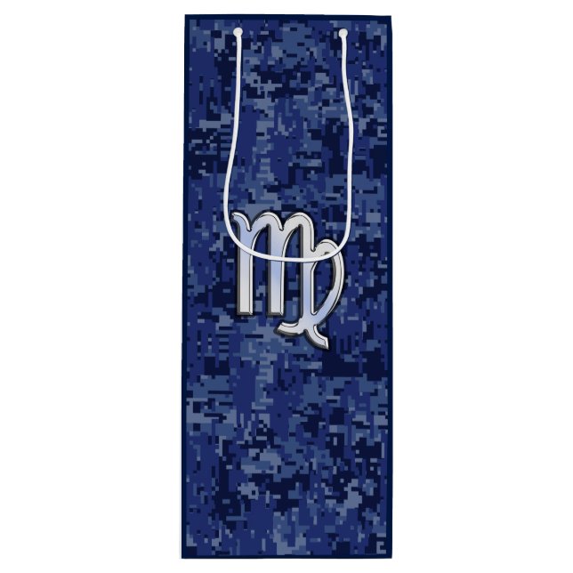 Chrome Like Virgo Zodiac Sign on Blue Digital Camo Wine Gift Bag (Front)
