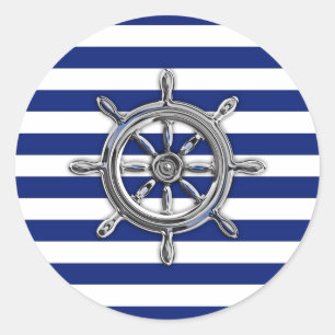 Chrome Like Wheel on Nautical Stripes Classic Round Sticker