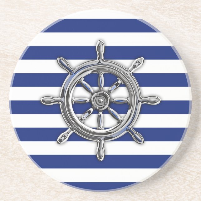 Chrome Like Wheel on Nautical Stripes Coaster (Front)