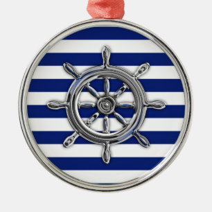 Chrome Like Wheel on Nautical Stripes Metal Ornament