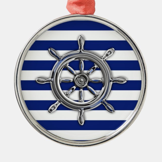 Chrome Like Wheel on Nautical Stripes Metal Ornament (Front)