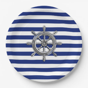 Chrome Like Wheel on Nautical Stripes Paper Plate