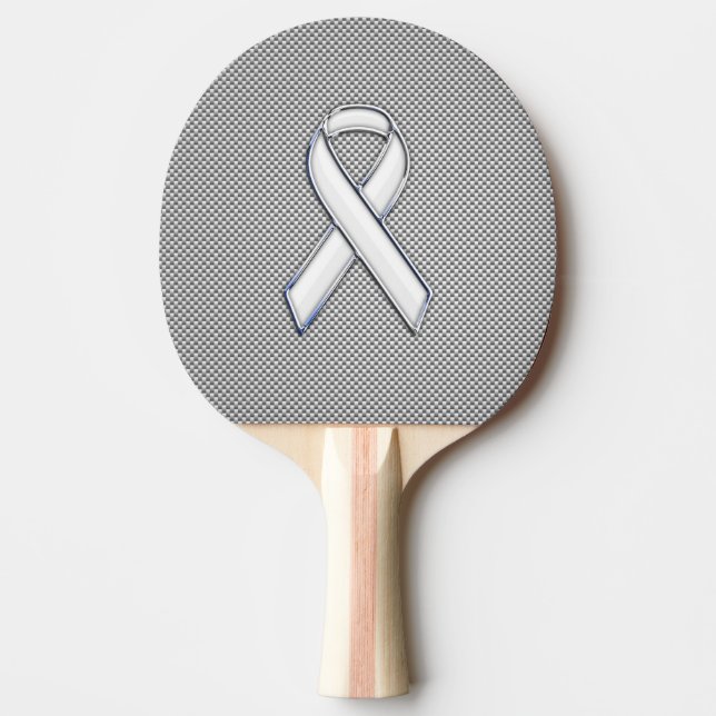 Chrome Like White Ribbon Awareness Carbon Fiber Ping Pong Paddle (Front)