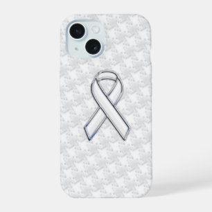 Chrome Like White Ribbon Awareness Houndstooth iPhone 15 Case