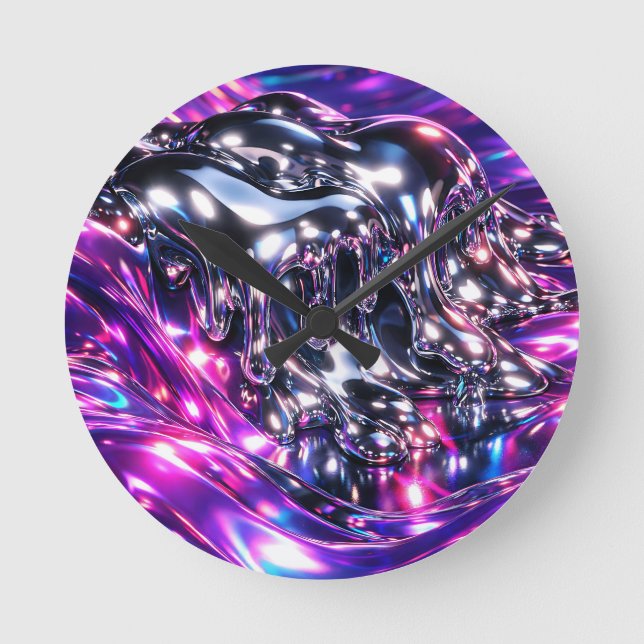 Chrome Liquid Purple Abstract Round Clock (Front)