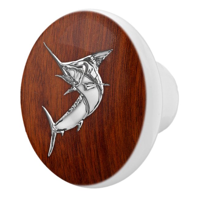 Chrome Marlin Fish on Mahogany Grain Print Ceramic Knob (Right)