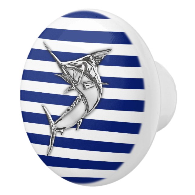 Chrome Marlin Fish on Nautical Navy Stripes Print Ceramic Knob (Right)