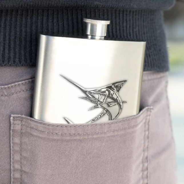 Chrome Marlin Nautical Print Hip Flask (In Situ)