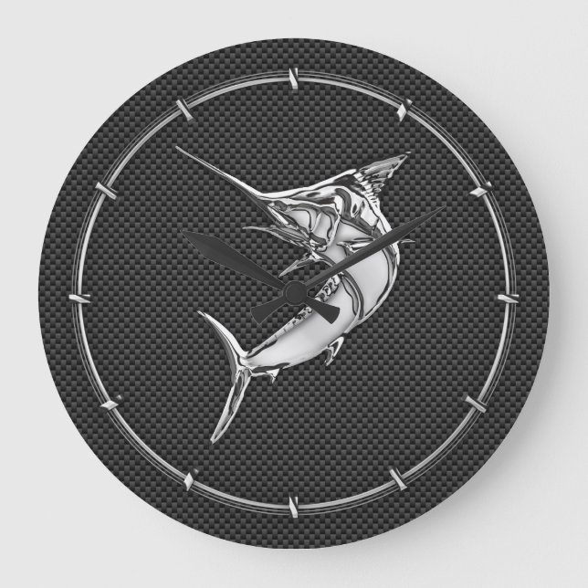 Chrome Marlin on Carbon Fibre Large Clock (Front)