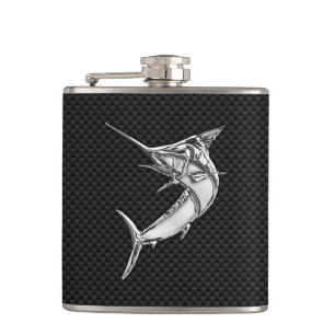 Chrome Marlin on Carbon Fibre Print Hip Flask