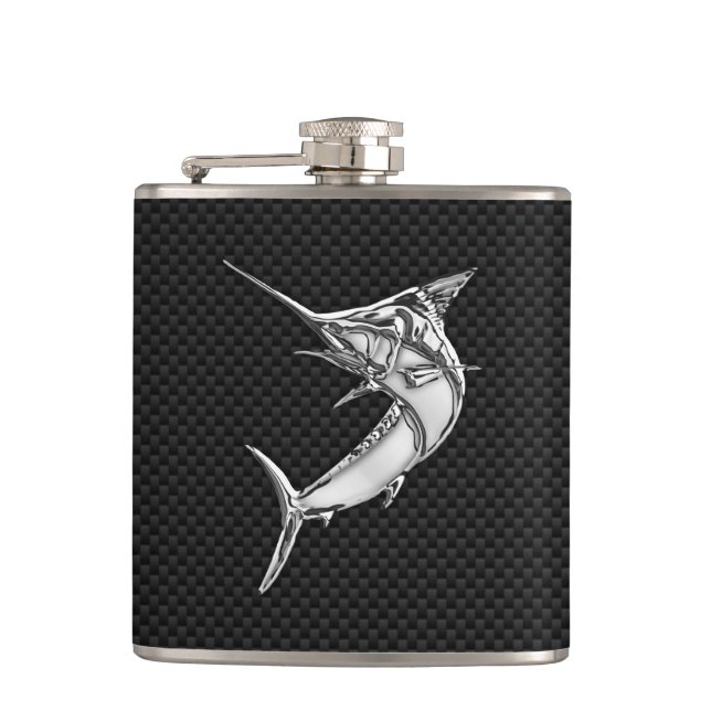 Chrome Marlin on Carbon Fibre Print Hip Flask (Front)