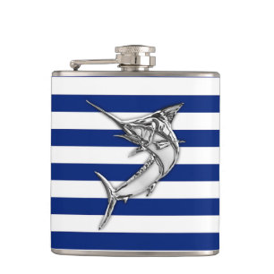 Chrome Marlin on Navy Stripes Hip Flask
