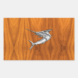 Chrome Marlin on Teak Wood Rectangular Sticker