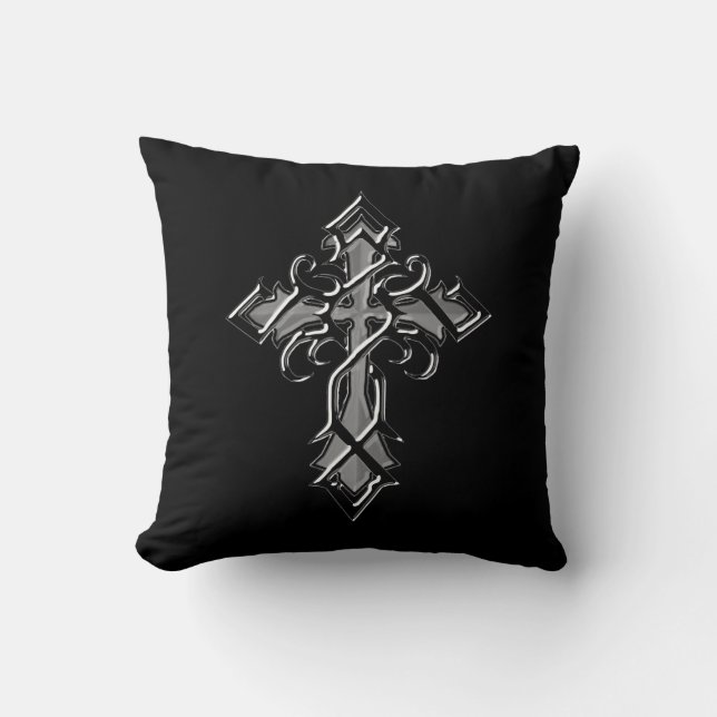 Chrome Mediaeval Cross Throw Pillow (Front)