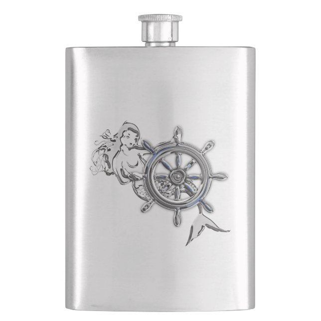 Chrome Mermaid Nautical Print Hip Flask (Front)