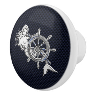 Chrome Mermaid on Nautical Navy Carbon Fibre Print Ceramic Knob