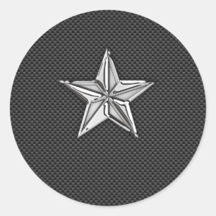 Chrome Nautical Star on Carbon Fibre Classic Round Sticker