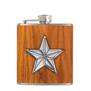 Chrome Nautical Star on Teak Print Hip Flask