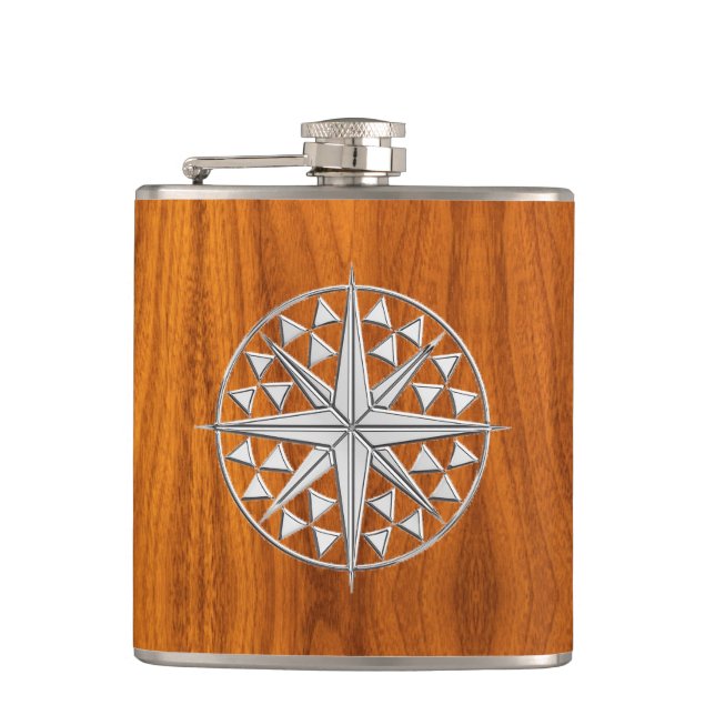 Chrome Nautical Star on Teak Print Hip Flask (Front)