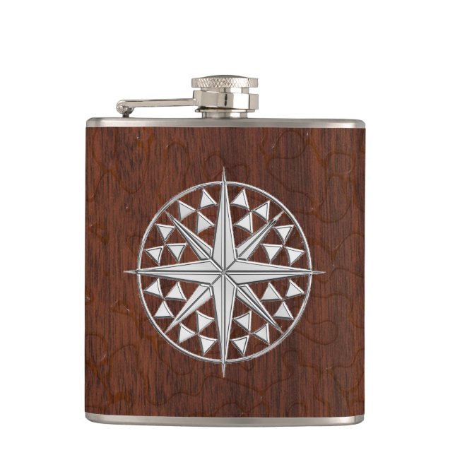 Chrome Nautical Star on Wet Mahogany Print Hip Flask (Front)