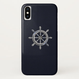 Chrome Nautical Wheel on Carbon Fibre Print  iPhone X Case