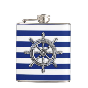 Chrome Nautical Wheel on Navy Stripes Hip Flask