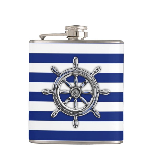 Chrome Nautical Wheel on Navy Stripes Hip Flask (Front)