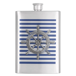 Chrome Nautical Wheel on Navy Stripes Print Hip Flask