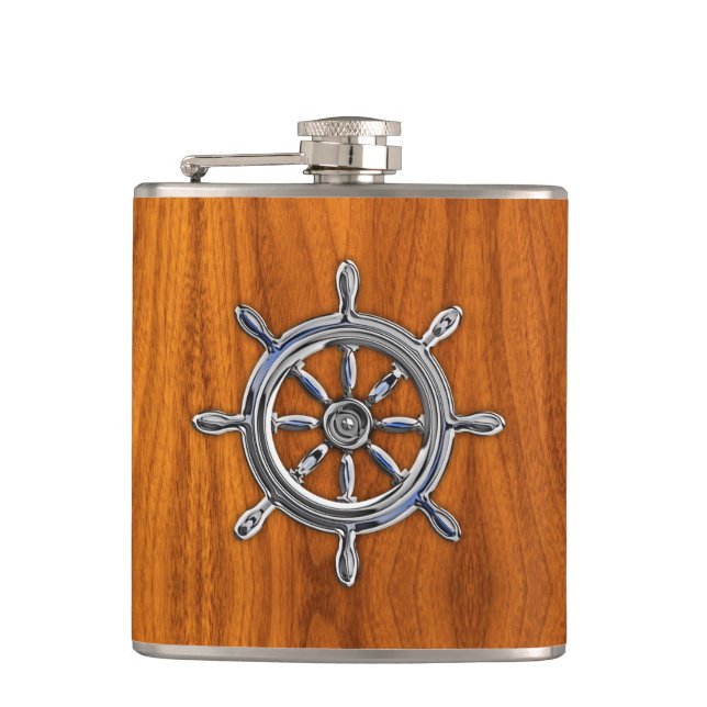 Chrome Nautical Wheel on Teak Print Hip Flask (Front)