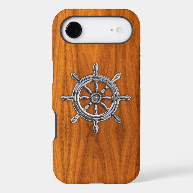 Chrome Nautical Wheel on Teak Veneer Print (Back)