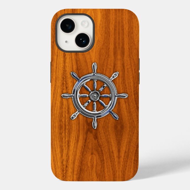 Chrome Nautical Wheel on Teak Wood Print Case-Mate iPhone Case (Back)