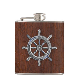 Chrome Nautical Wheel on Wet Mahogany Print Hip Flask