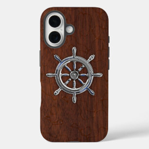 Chrome Nautical Wheel onWet Mahogany Print iPhone 16 Case