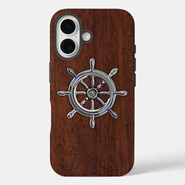 Chrome Nautical Wheel onWet Mahogany Print Case-Mate iPhone Case (Back)