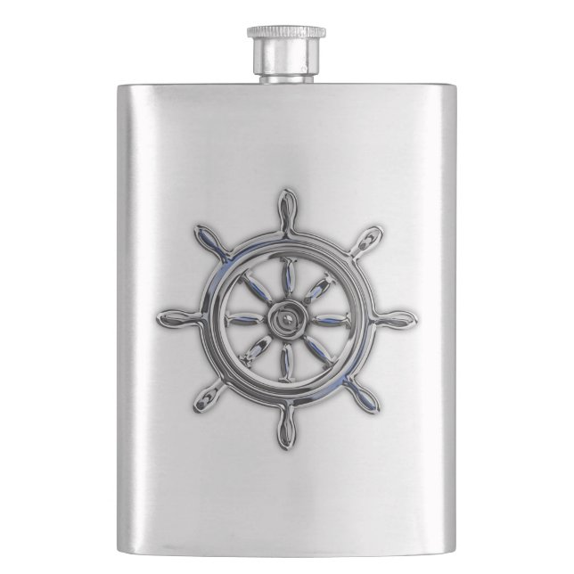 Chrome Nautical Wheel Print Hip Flask (Front)