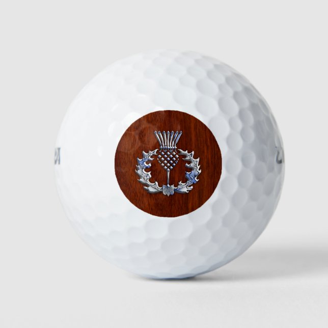 Chrome on Mahogany Print Scottish Thistle Golf Balls (Front)
