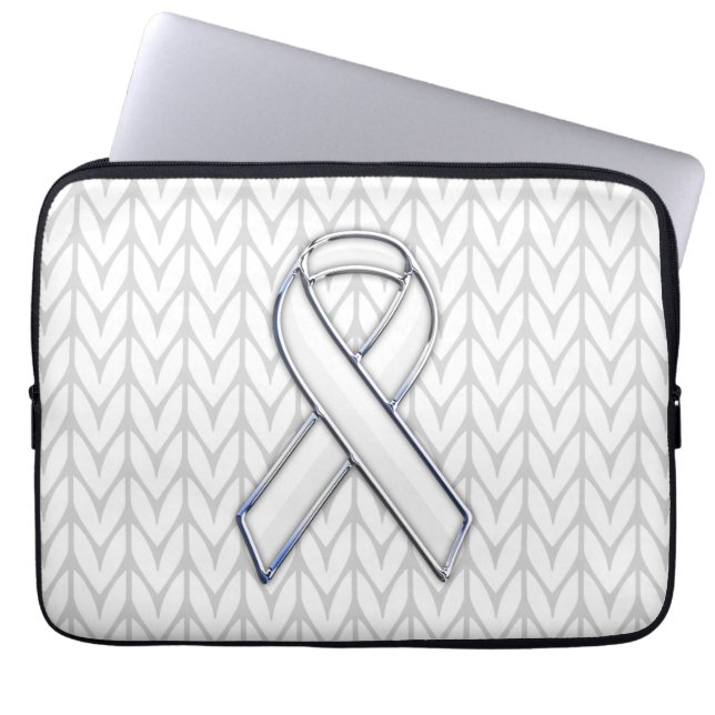 Chrome on White Knit Ribbon Awareness Print Laptop Sleeve (Front)