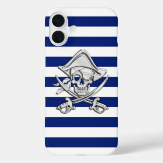 Chrome Pirate Crossbones on Navy Stripes iPhone 16 Plus Case