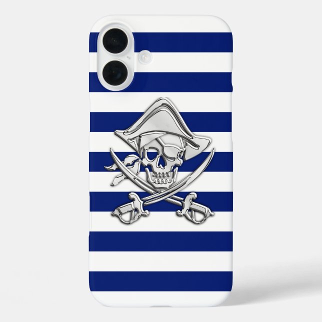 Chrome Pirate Crossbones on Navy Stripes Case-Mate iPhone Case (Back)