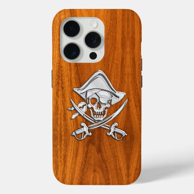 Chrome Pirate Crossbones on Teak Wood Case-Mate iPhone Case (Back)