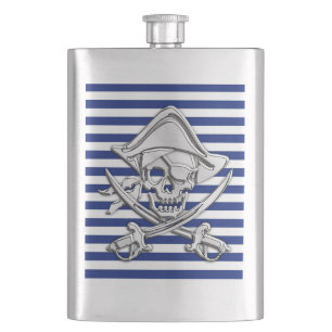 Chrome Pirate Nautical on Navy Stripes Print Hip Flask