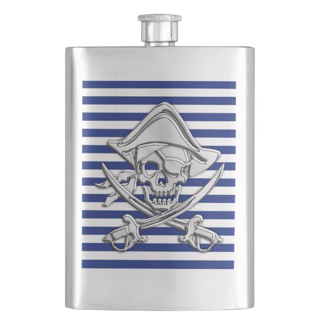 Chrome Pirate Nautical on Navy Stripes Print Hip Flask (Front)