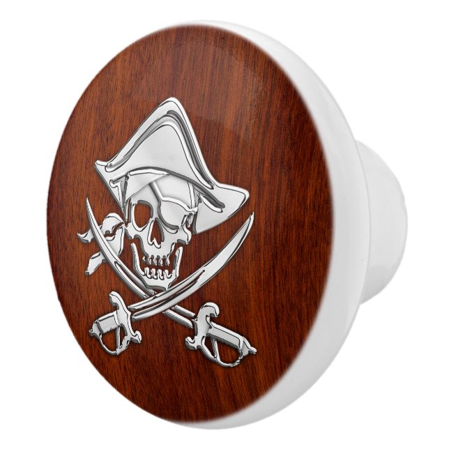 Chrome Pirate on Nautical Mahogany Grain Print Ceramic Knob (Right)