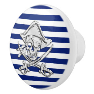 Chrome Pirate on Nautical Navy Blue Stripes Print Ceramic Knob