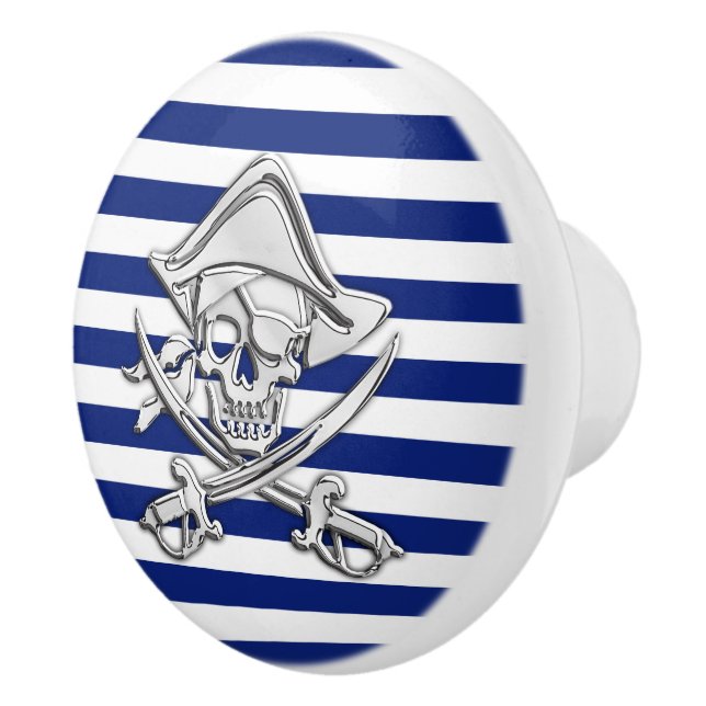 Chrome Pirate on Nautical Navy Blue Stripes Print Ceramic Knob (Right)